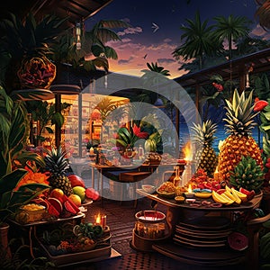 Vibrant Tropical Paradise Buffet Setup