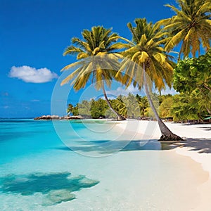 A vibrant, tropical paradise with a juicy mango tree at its center, surrounded by crystal clear waters and sandy beaches