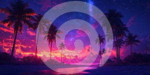 Vibrant Tropical Sunset Night Sky Palm Tree Landscape