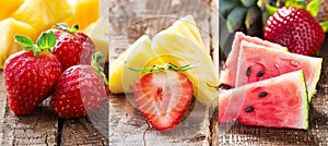 Vibrant tropical triptych strawberry, watermelon, and pineapple, a burst of brightness and aromas photo