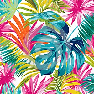 Vibrant Tropical Zone Pattern With Lilly Pulitzer-inspired Colors And Palm Leaves