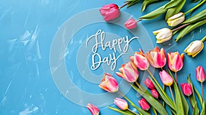 Vibrant Tulips on Blue Background with Happy Day Greeting. Floral Spring Concept. Ideal for Cards and Invitations