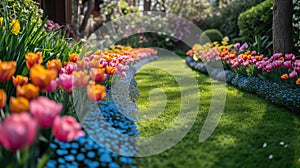 Vibrant tulips and daffodils lining a garden path