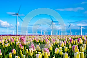 Vibrant tulips dance in a field while windmills stand tall in the background, capturing the essence of spring in the