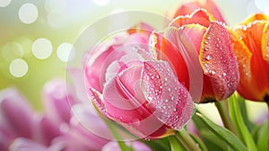 Vibrant Tulips with Dew Drops on Sunny Day