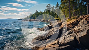 Vibrant Tumblewave Landscape: Rocky Shoreline Beside Water With Trees