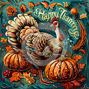 Vibrant turkey illustration with text Happy Thanksgiving, surrounded by autumnal elements on a dark background. Holiday photo