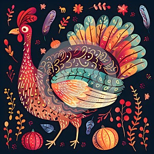 Vibrant turkey illustration with text Happy Thanksgiving, surrounded by autumnal elements on a dark background. Holiday photo