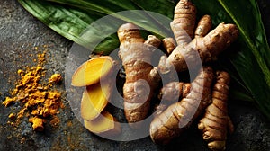 Vibrant turmeric root, slices, and powder on dark stone