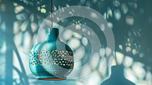 A vibrant turquoise ceramic pendant lamp with delicate outs casting intricate shadows on the walls. photo