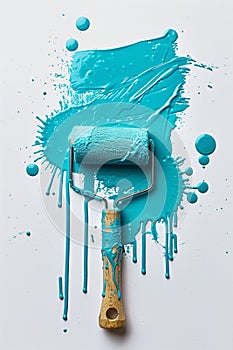 Vibrant turquoise paint splash with roller