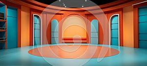 Vibrant TV Studio Set with Curved Walls and Arched Doorways photo