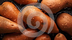 Vibrant Uhd Image Of Sweet Potatoes With Water Droplets On Black Background