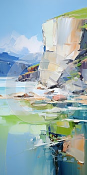 Vibrant Uhd Painting Of Cliff With Rocks And Water In Josef Kote Style