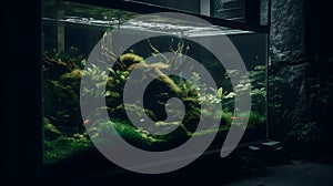 Vibrant underwater aqua scape ecosystem in a large fish tank aquarium with colorful stone, wood, aquarium ornament, fish, and