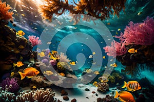 A vibrant underwater coral garden, with schools of tropical fish and swaying anemones in a dazzling display of marine life