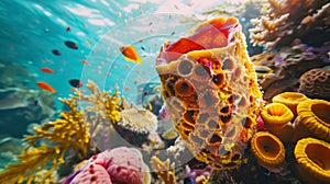 Vibrant Underwater Coral Reef Ecosystem with Colorful Sponges and Fish Ideal for Nature and Marine Biology Publications photo