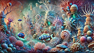 Vibrant underwater coral reef scene with colorful fish and marine life photo
