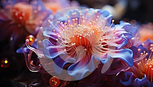 The vibrant underwater flower blooms in a colorful coral reef generated by AI
