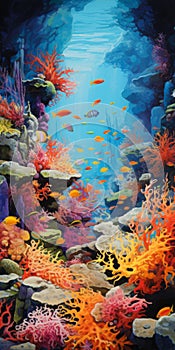 Vibrant Underwater Painting With Lush Landscape Backgrounds