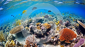 Vibrant underwater scene in a coral reef with diverse marine life