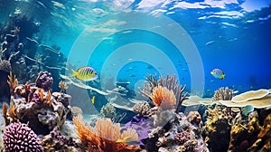 Vibrant underwater scene in a coral reef with diverse marine life