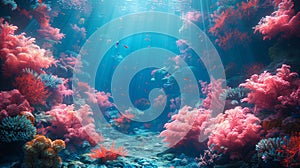 Vibrant underwater scene with corals and seaweed. Generative AI