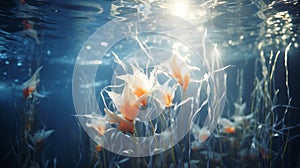 Vibrant underwater scene corals and seaweed in ocean, seabed plant life background