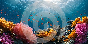 Vibrant underwater seascape with sun rays and colorful coral. marine life ecosystem in panoramic view. ideal for nature