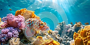 Vibrant underwater seascape with sunlight and colorful coral. marine life habitat. oceanic beauty. AI