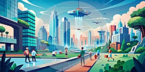 Vibrant Urban Future: Citizens and Flying Cars in a Modern Cityscape Plastic Bag Free Day