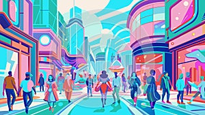 Vibrant Urban Life: Colorful Cityscape with Bustling Pedestrians photo