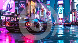 Vibrant urban night with a sleek sports car speeding. Neon-lit city street with a futuristic vehicle. Concept of modern