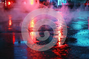 Vibrant Urban Nightscape with Misty Streets photo