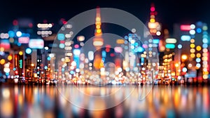 Vibrant urban skyline at night with colorful lights reflecting on water, featuring dynamic architectural forms and a lively, fu photo