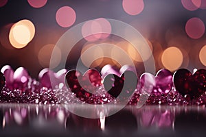 Vibrant Valentines display panoramic magenta, pink red hearts, and glittering bokeh background