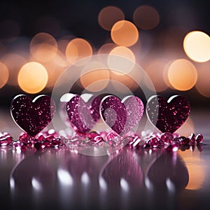 Vibrant Valentines display panoramic magenta, pink red hearts, and glittering bokeh background