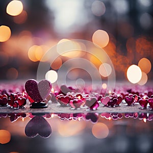 Vibrant Valentines display panoramic magenta, pink red hearts, and glittering bokeh background