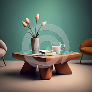 Vibrant Vase of Flowers and Cup of Milk on Wooden Coffee Table, Still life, Minimalist, Generative Ai.