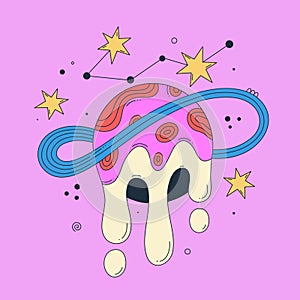 Vibrant vector illustration with abstract patterned planet, constellation on pink background. Bright galactic. Cartoon