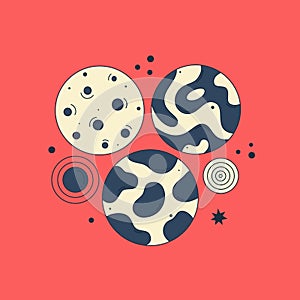 Vibrant vector illustration with abstract patterned planets on red background. Bright galactic. Cartoon space. Playful