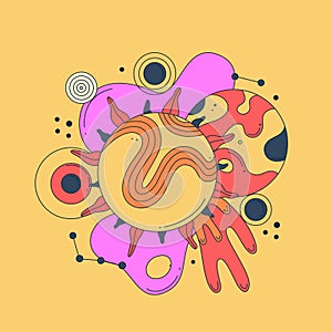 Vibrant vector illustration with abstract patterned planets on yellow background. Bright galactic. Cartoon space