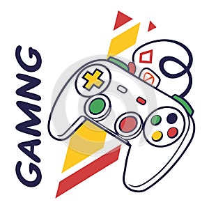 Gaming controller outline illustration with bold text and colorful buttons