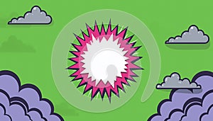Dynamic Comic Burst Frame with Cartoon Clouds on Green Background