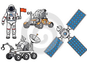 Space Exploration Elements Set: Astronaut, Rovers, and Satellite