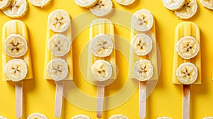 Vibrant vegan banana ice cream popsicles in bright yellow, frozen fruit lolly treats