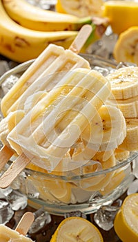 Vibrant vegan banana ice cream popsicles frozen fruit lollypops in bright yellow color photo