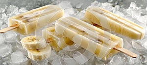 Vibrant vegan banana ice cream popsicles frozen fruit lollypops in bright yellow hue photo