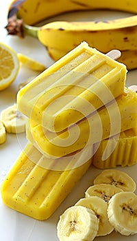 Vibrant vegan banana ice cream popsicles frozen fruit lollypops in bright yellow hue photo