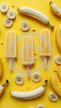 Vibrant vegan banana ice cream popsicles frozen fruit lollypops in bright yellow hue photo